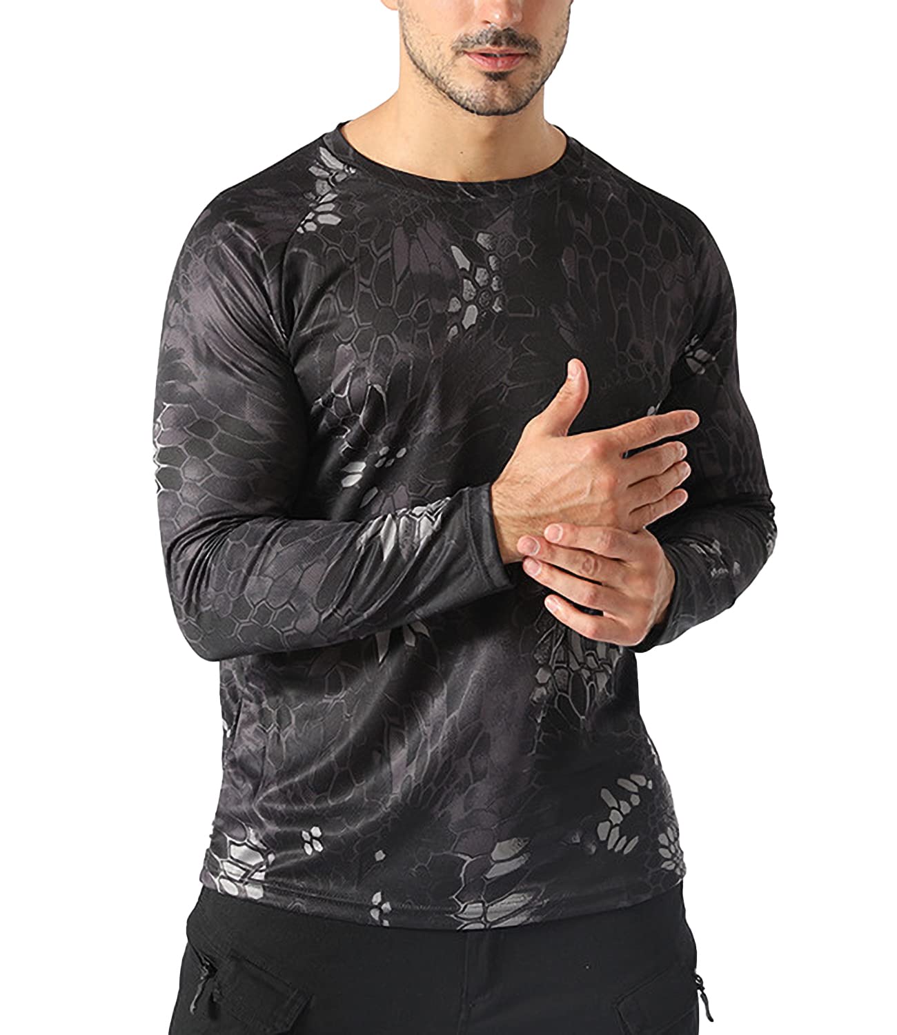 Bethspec Moisture Wicking Long Sleeve T-Shirt for Men UV Sun Protection Athletic Shirts Hiking Cycling Running (2XL, Python Black)