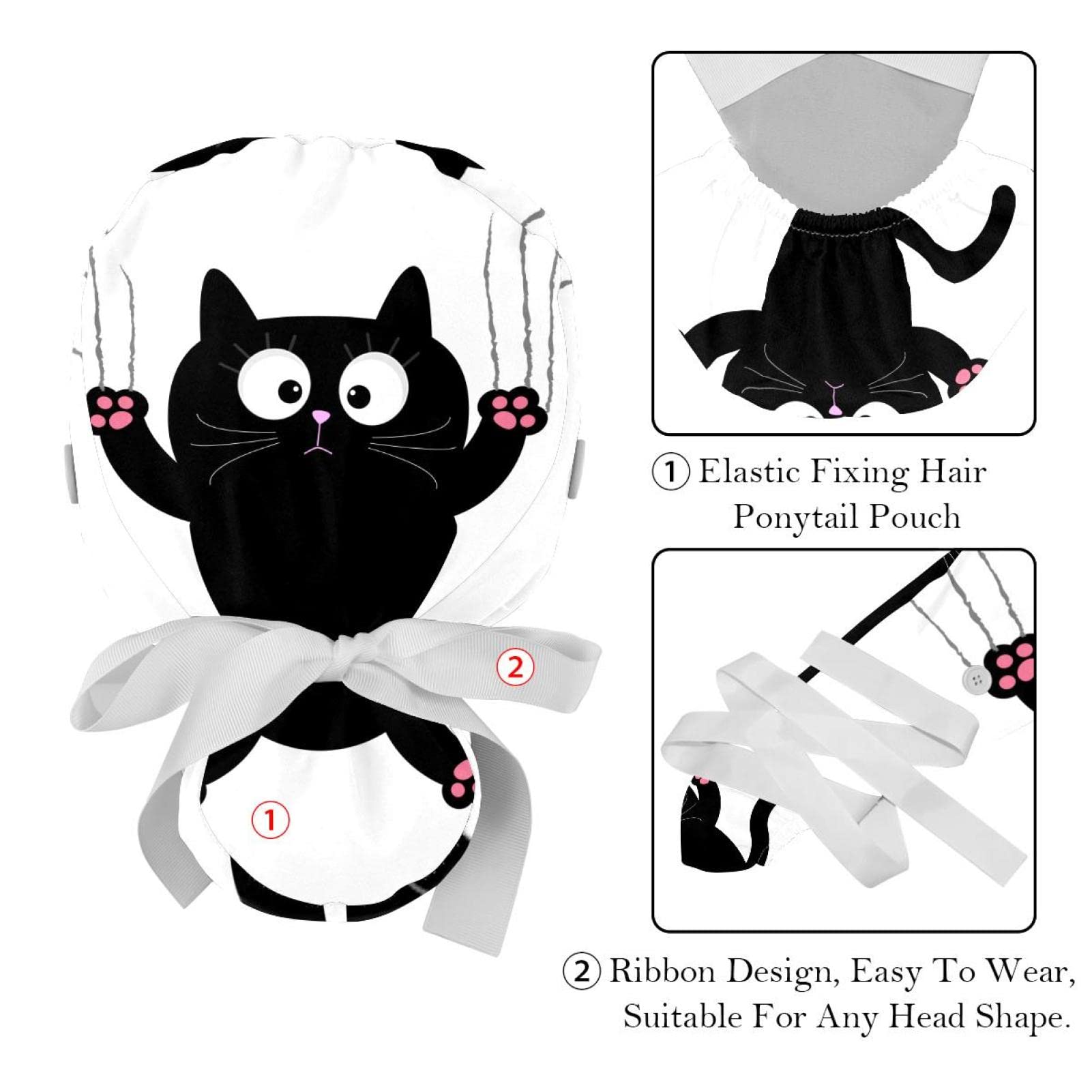 Cartoon Black Cat with Scratch Working Cap with Button & Sweatband, 2 Packs Reusable Surgical Surgery Hats Ponytail Holder, Multi Color