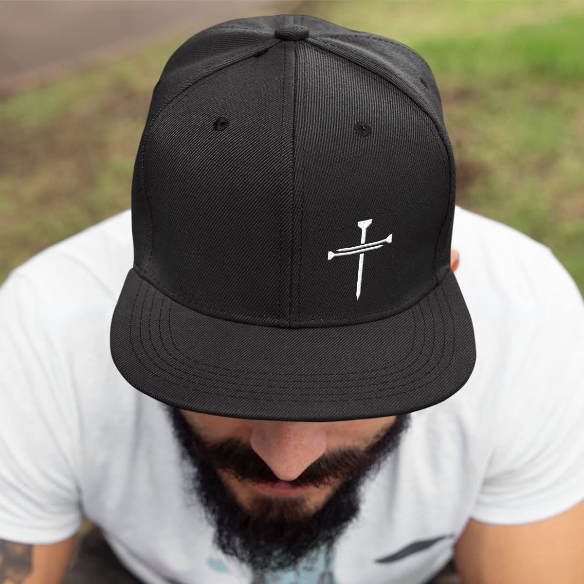 Nail Cross Christian Trucker Hat - Adjustable Fit Cotton Snapback Hat - Breathable Mesh Side for Casual Wear (Heather Front/Black Mesh)