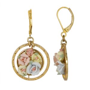 1928 jewelry multicolor porcelain rose round lever back drop earrings