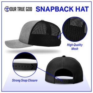 Nail Cross Christian Trucker Hat - Adjustable Fit Cotton Snapback Hat - Breathable Mesh Side for Casual Wear (Heather Front/Black Mesh)