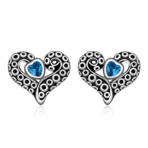 Tentacle Earrings for Women Sterling Silver Blue Heart Cubic Zirconia Ocean Black Octopus Tenticles Earrings Studs Gifts for Her