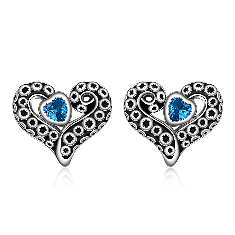 Tentacle Earrings for Women Sterling Silver Blue Heart Cubic Zirconia Ocean Black Octopus Tenticles Earrings Studs Gifts for Her