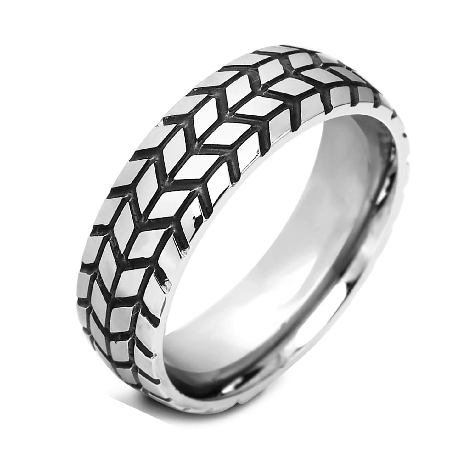 Emma Manor EM Titanium Steel Ring 6mm Width Tire Tread Grooved Wedding Ring for Men Women,Size 7-12 with Jewelry Box (Titanium Steel, 12)