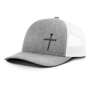 Nail Cross Christian Trucker Hat - Adjustable Fit Cotton Snapback Hat - Breathable Mesh Side for Casual Wear (Heather Front/White Mesh)