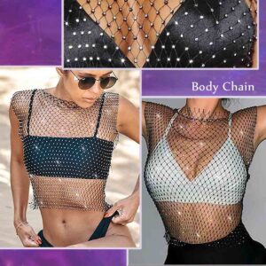 Yokawe Mesh Crystal Body Chain Black Rhinestone Fishnet Tank Tops See Through Bikini Party Body Accessories Jewelry for Women (Black)