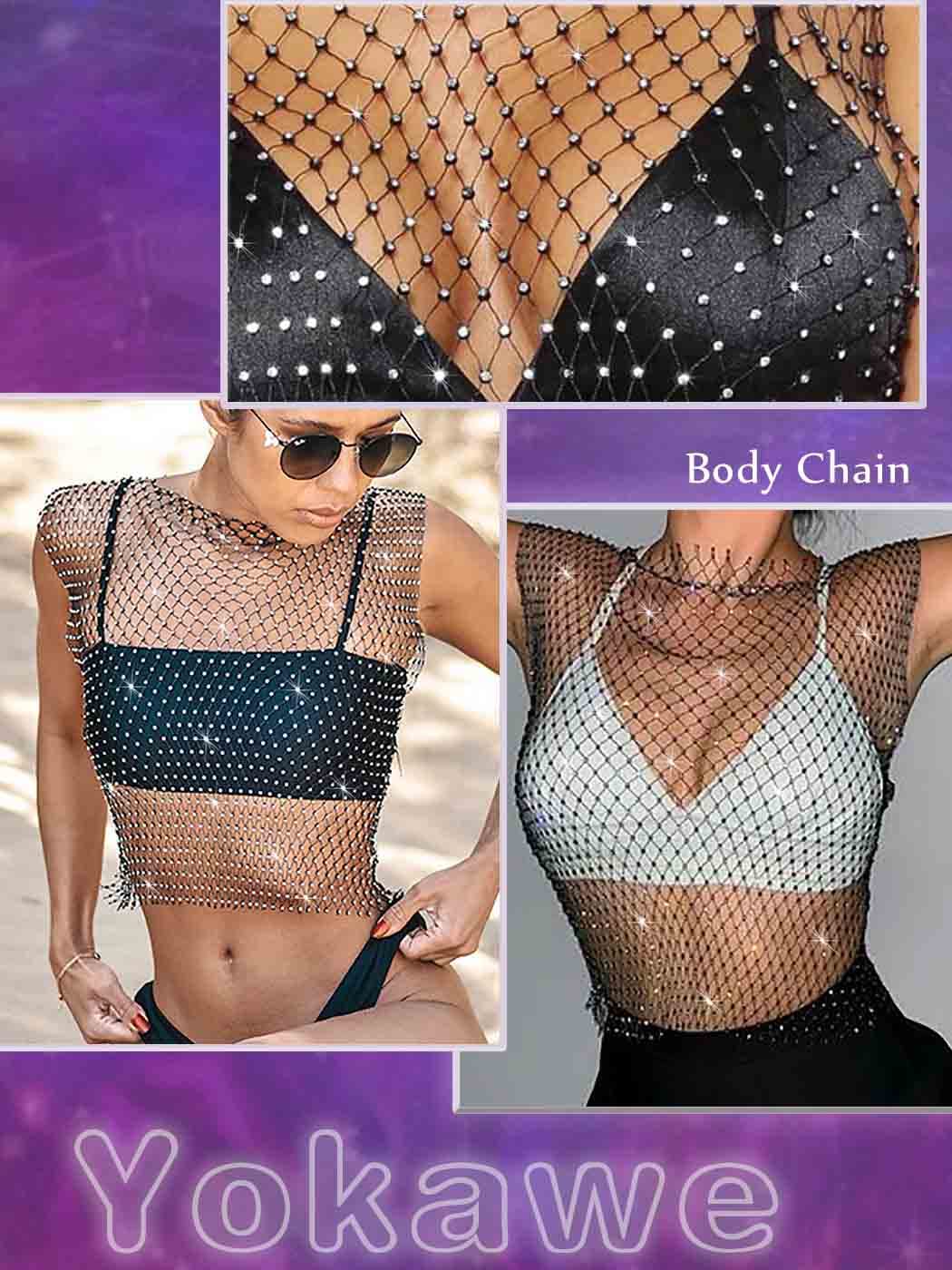 Yokawe Mesh Crystal Body Chain Black Rhinestone Fishnet Tank Tops See Through Bikini Party Body Accessories Jewelry for Women (Black)