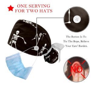 Dance Skeleton Bracket Working Caps with Buttons, Long Hair Scrub Hats Ponytail Holder for Women