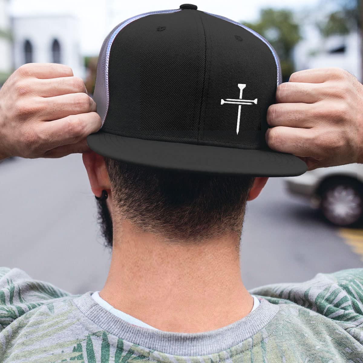 Nail Cross Christian Trucker Hat - Adjustable Fit Cotton Snapback Hat - Breathable Mesh Side for Casual Wear (Heather Front/Black Mesh)