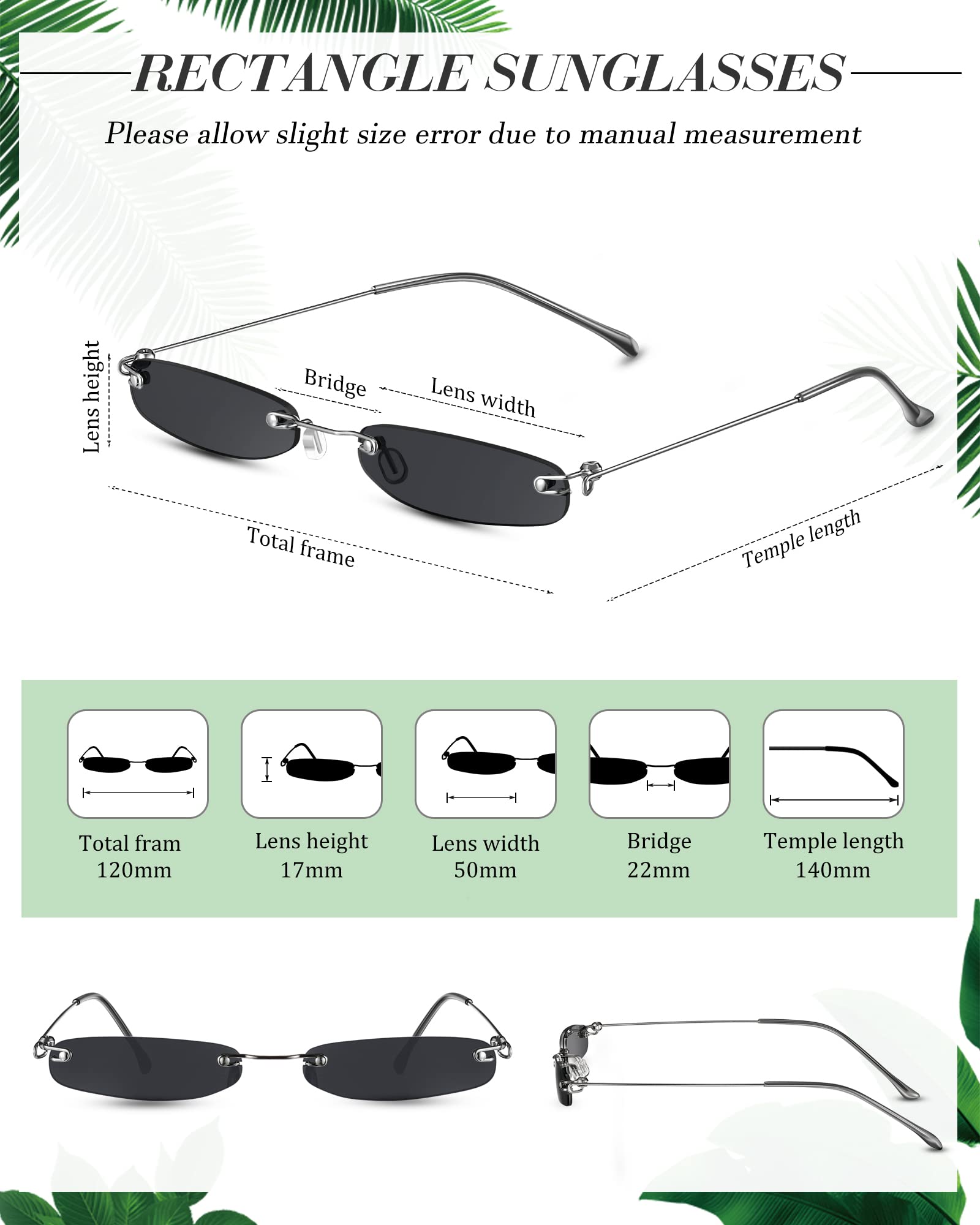 4 Pairs Women Thin Vintage Sunglasses Rectangle Sunglasses Small Skinny Glasses Retro Designer Style Rimless Sunglasses with Metal Frame Narrow Vintage Eyewear for Men Women