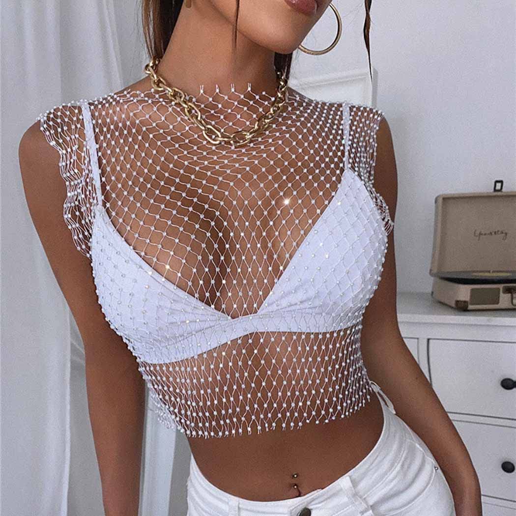 Yokawe Mesh Crystal Body Chain Black Sparkle Rhinestone Fishnet Tank Tops See Through Bikini Crop Top Nightclub Party Rave Festival Body Accessories Jewelry for Women and Girls