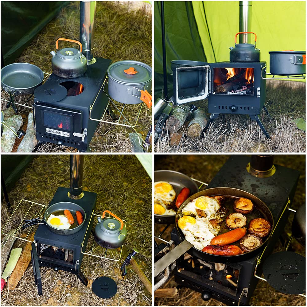 Camping Tent Stove SoloWilder Large Portable Carbon Steel Wood Burning Stove for Outdoor Cooking Heating