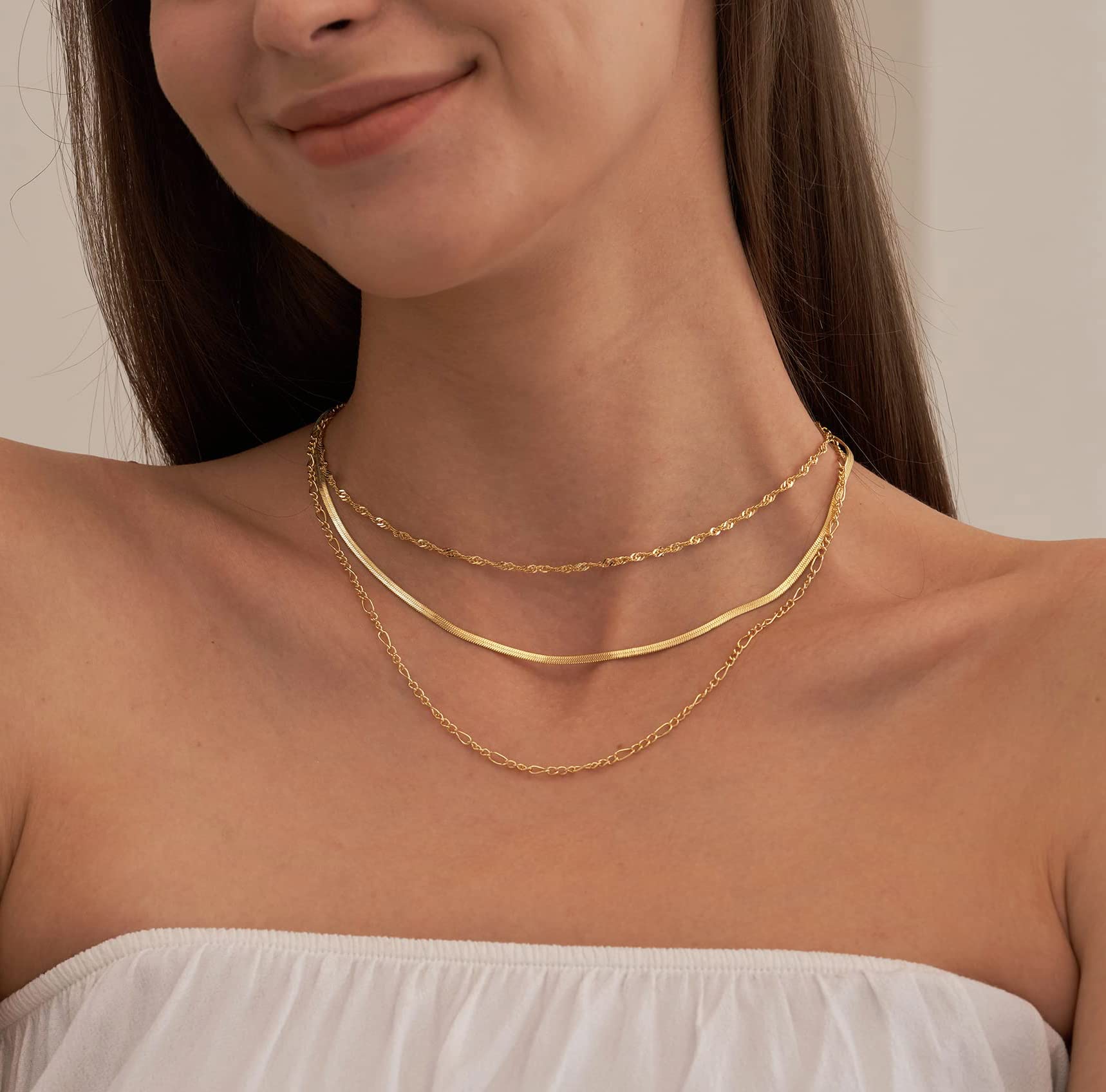 NECOCY Herringbone Necklace For Women,14k Gold Plated Layered Gold Necklaces Dainty Gold Herringbone Necklace Chunky Thin Paperclip Snake Chain Choker Necklace For Women Girls Gold Jewelry Gifts, Gold