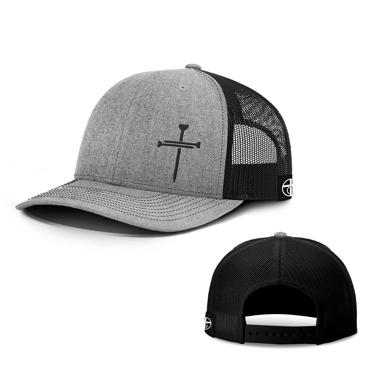 Nail Cross Christian Trucker Hat - Adjustable Fit Cotton Snapback Hat - Breathable Mesh Side for Casual Wear (Heather Front/Black Mesh)