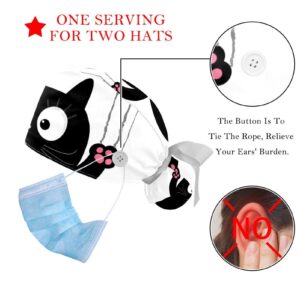 Cartoon Black Cat with Scratch Working Cap with Button & Sweatband, 2 Packs Reusable Surgical Surgery Hats Ponytail Holder, Multi Color