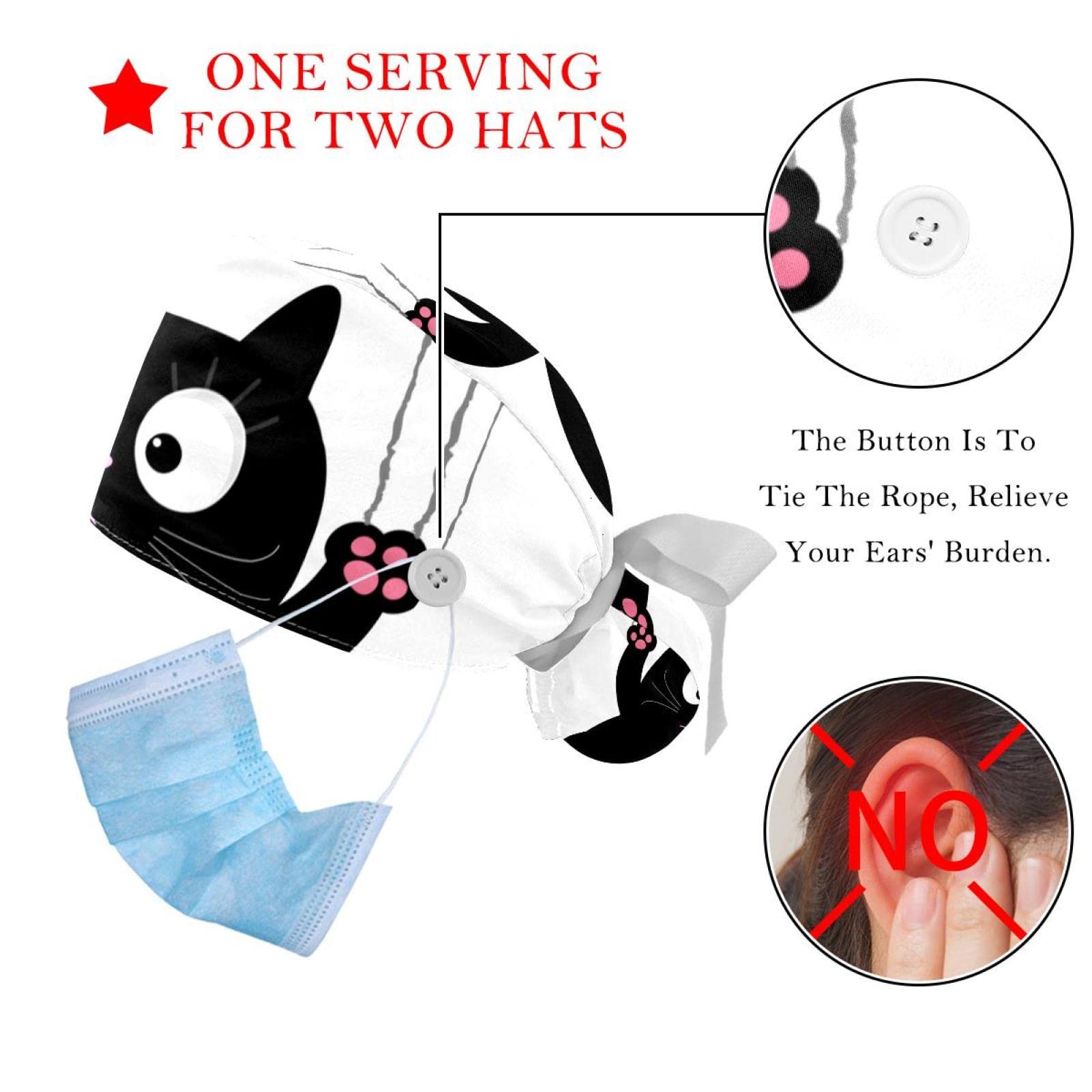 Cartoon Black Cat with Scratch Working Cap with Button & Sweatband, 2 Packs Reusable Surgical Surgery Hats Ponytail Holder, Multi Color