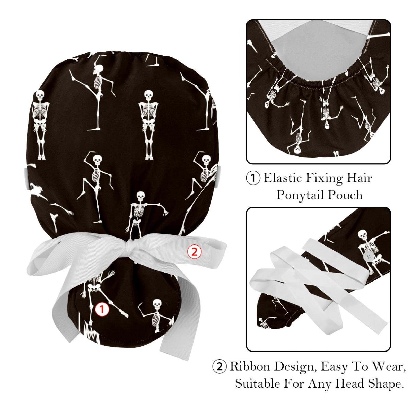 Dance Skeleton Bracket Working Caps with Buttons, Long Hair Scrub Hats Ponytail Holder for Women