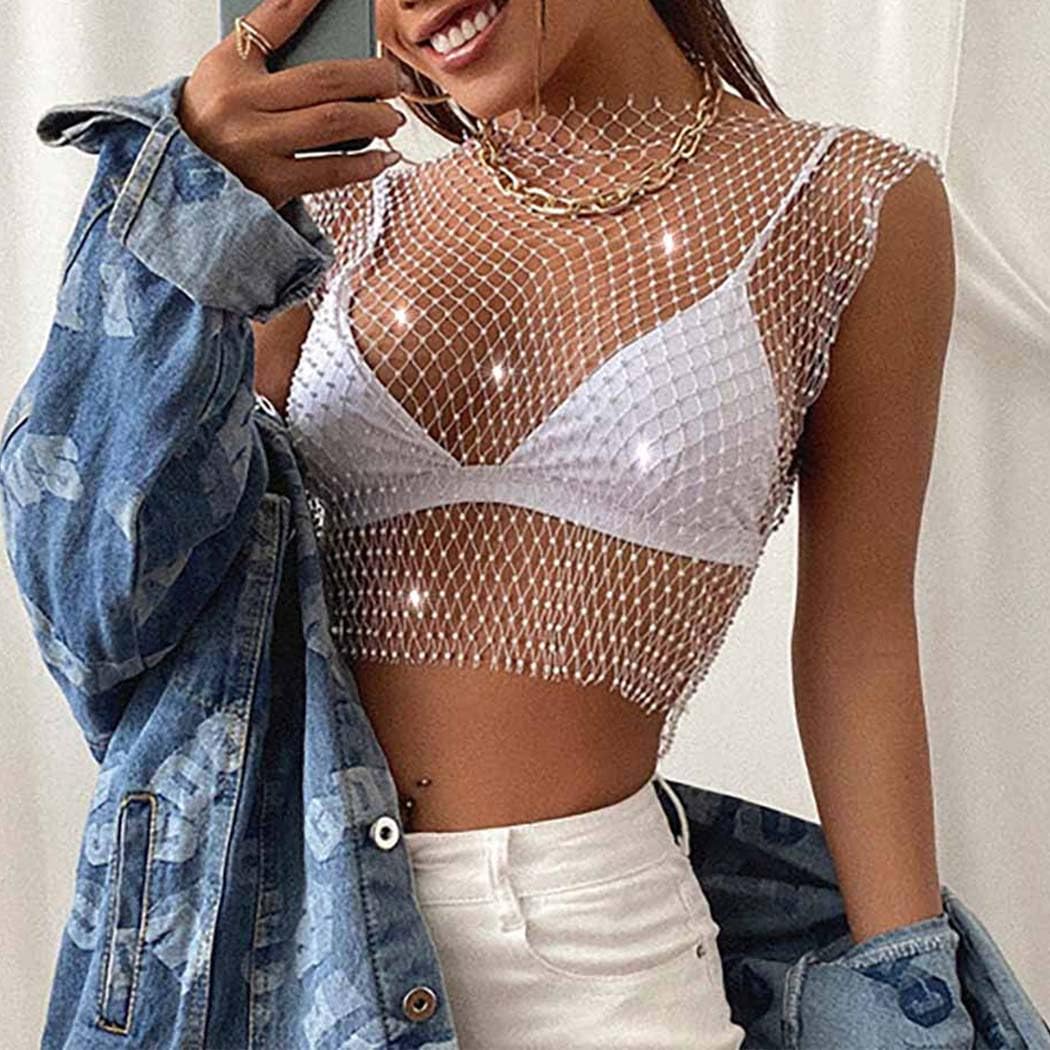 Yokawe Mesh Crystal Body Chain Black Sparkle Rhinestone Fishnet Tank Tops See Through Bikini Crop Top Nightclub Party Rave Festival Body Accessories Jewelry for Women and Girls