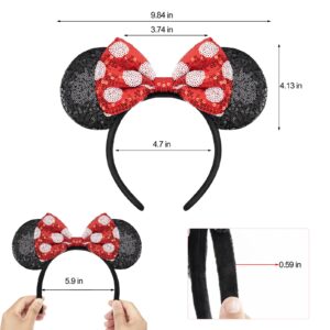 YUNISS 2 PCS Mouse Ears, Shiny Red Sequin Bow Mouse Ears Headbands for Adult Women Girls Christmas Birthday Party (Red&dot bow)