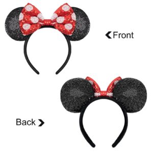 YUNISS 2 PCS Mouse Ears, Shiny Red Sequin Bow Mouse Ears Headbands for Adult Women Girls Christmas Birthday Party (Red&dot bow)