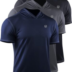 NELEUS Men's 3 Pack Running Shirt Mesh Athletic Shirts with Hoods,5118,Black/Grey/Navy Blue,L