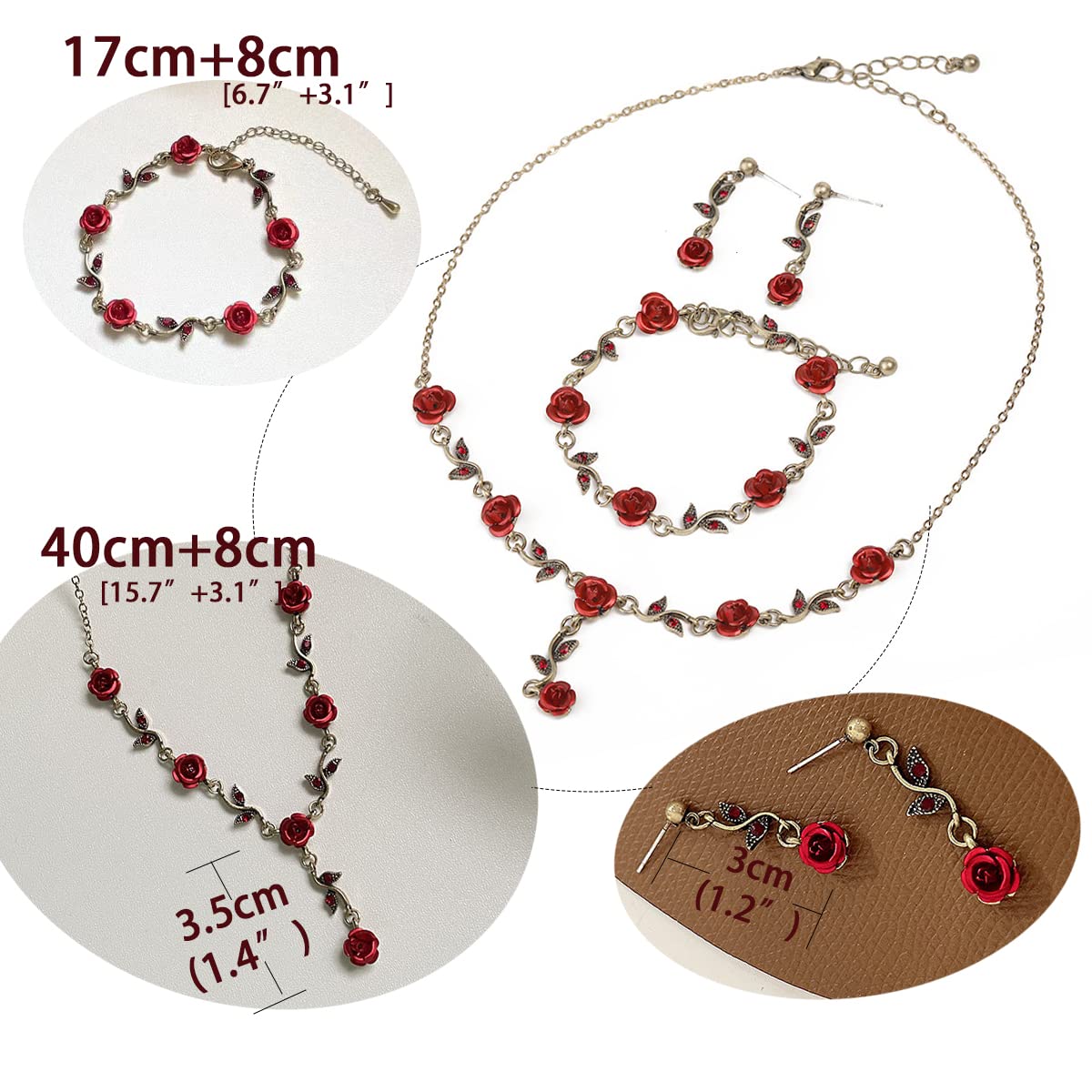 yomlry 3Pcs Rose Red Jewelry S925 Red Flower Necklaces for Women Red Rose Flower Dangle Earrings Rose Bracelet Rose Gold Prom Jewelry Sets for Women Bride Wedding red rose