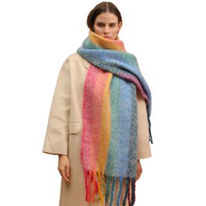 Temminc Women's Super Thick Rainbow Colors Cashmere Feel Warm Scarf, Colorful Soft Comfort Elegant Cold Weather Braided Pigtail tassel Scarf Fashion Long Scarf