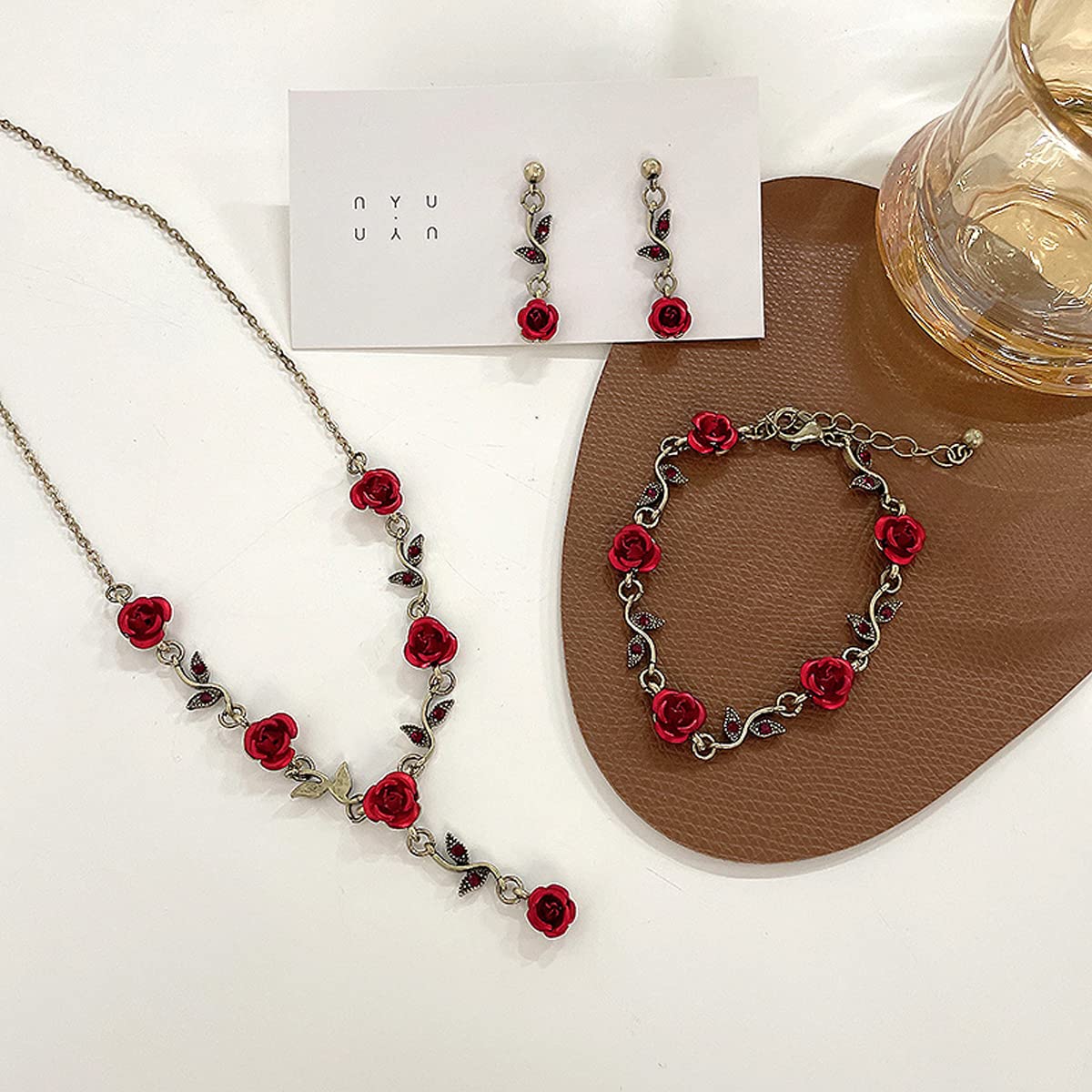 yomlry 3Pcs Rose Red Jewelry S925 Red Flower Necklaces for Women Red Rose Flower Dangle Earrings Rose Bracelet Rose Gold Prom Jewelry Sets for Women Bride Wedding red rose