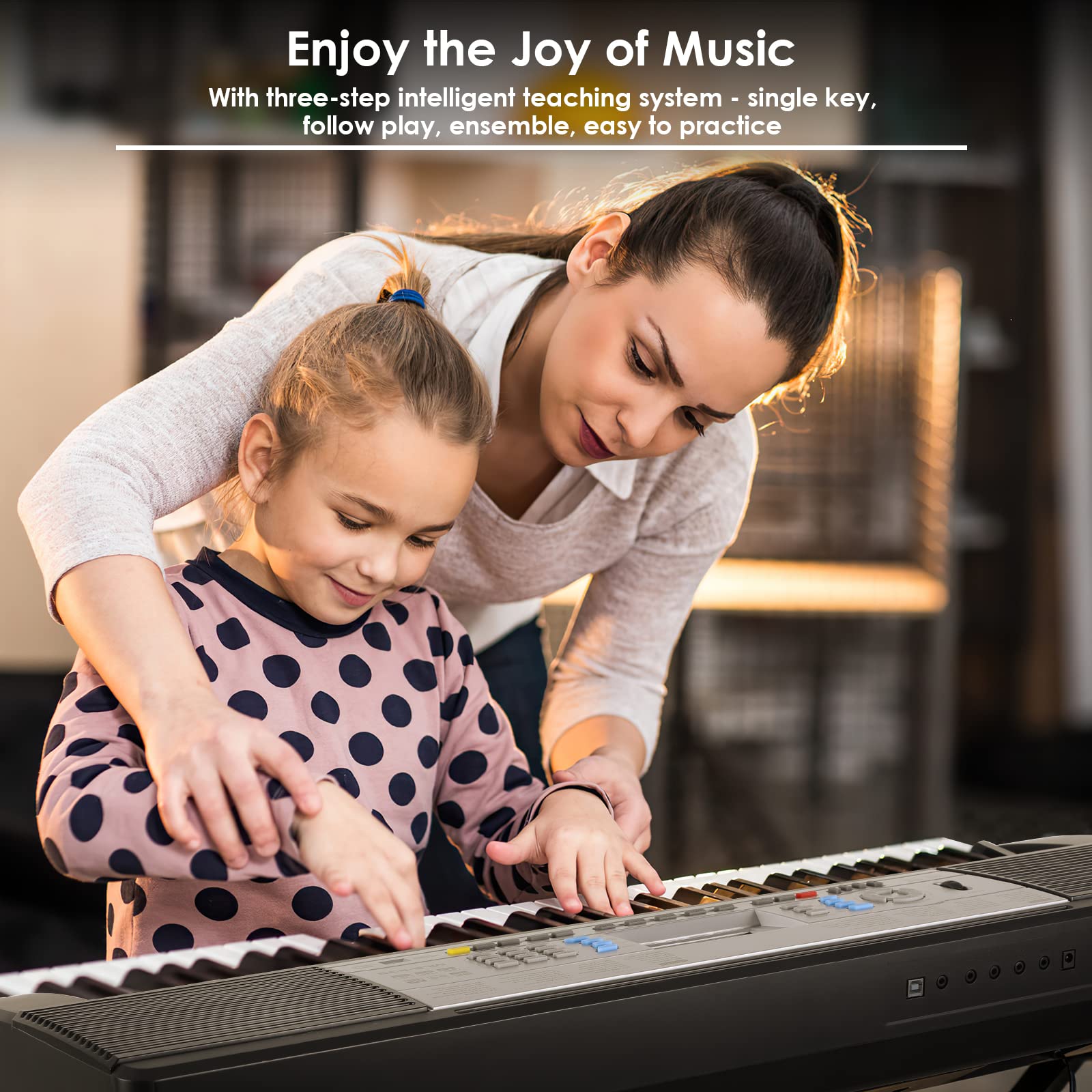 MAMIZO 61 Key Keyboard Piano, Electric Piano Keyboard for Beginners with X-Stand, Stool, Microphone, Dual Power Supply, 3 Teaching Modes, LCD, Supports USB MIDI, Perfect for Children