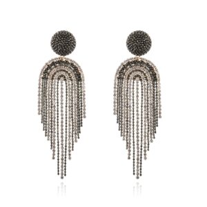 SLODEN Basic Fringe Linear Drop Earrings Rhinestones Tassel Chandelier Earrings for Women Dangle Drop Jewelry for Nightclub Party (Black)