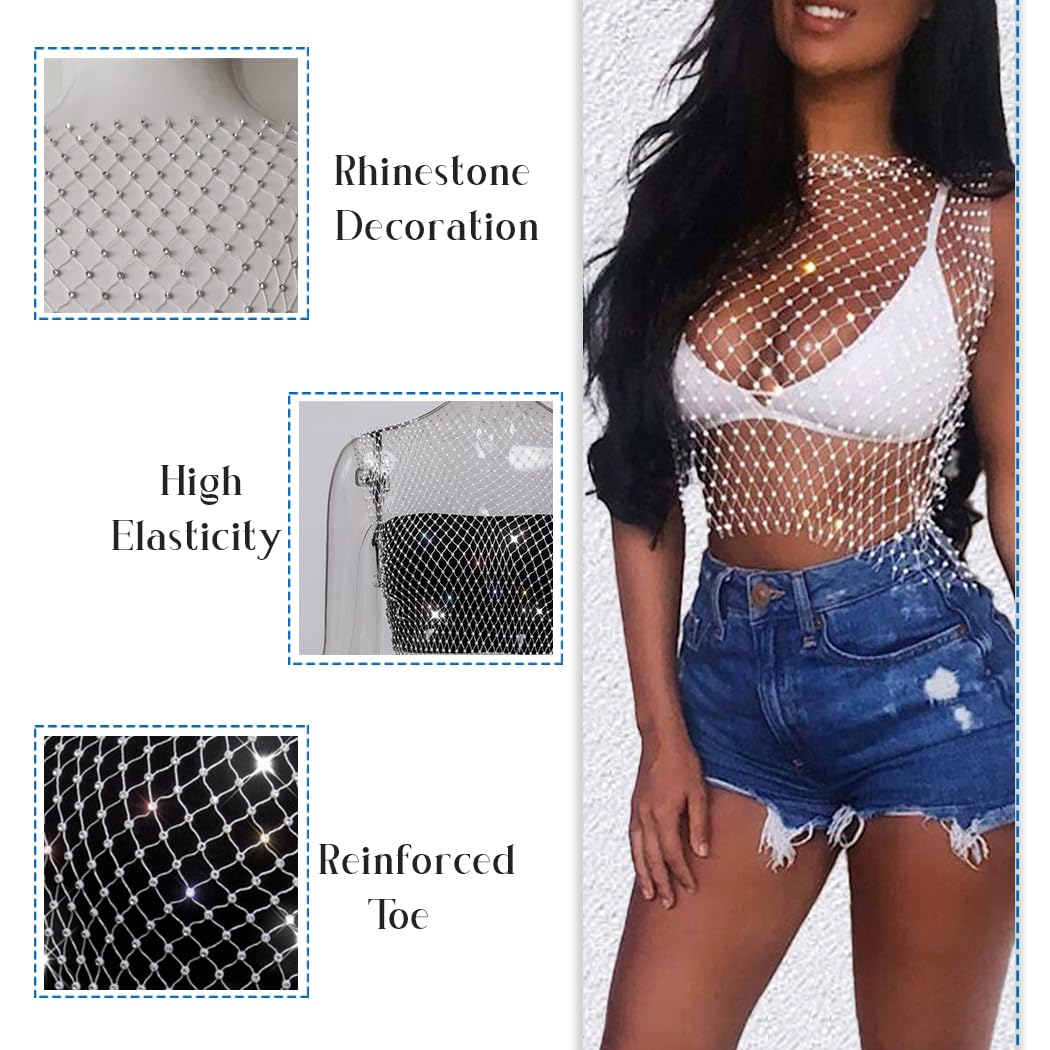 Yokawe Mesh Crystal Body Chain Black Sparkle Rhinestone Fishnet Tank Tops See Through Bikini Crop Top Nightclub Party Rave Festival Body Accessories Jewelry for Women and Girls