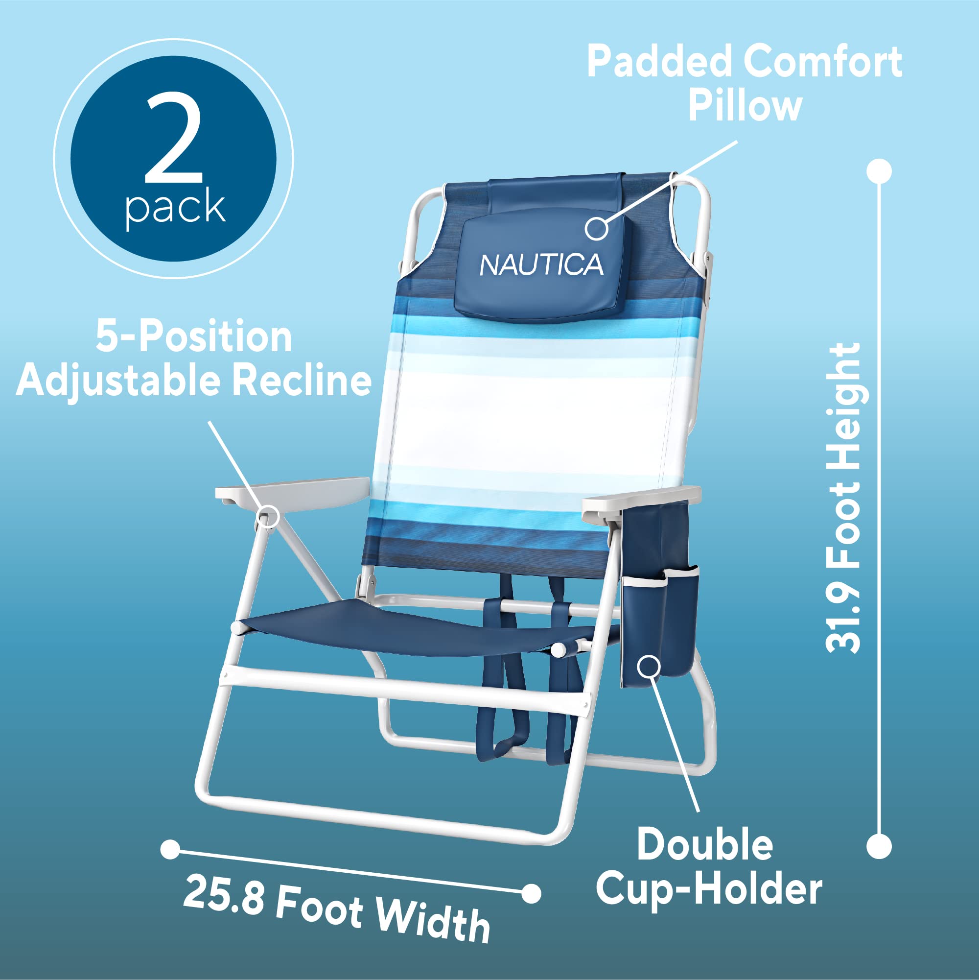 Nautica Beach Chairs for Adults 2 Pack - 5 Position Reclining Beach Chair for Sand, Lightweight, Easy to Carry + Heavy Duty, Best Adjustable & Folding Beach Chairs for Adults with Cup Holder & Pillow