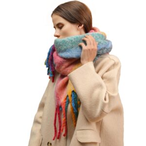 Temminc Women's Super Thick Rainbow Colors Cashmere Feel Warm Scarf, Colorful Soft Comfort Elegant Cold Weather Braided Pigtail tassel Scarf Fashion Long Scarf