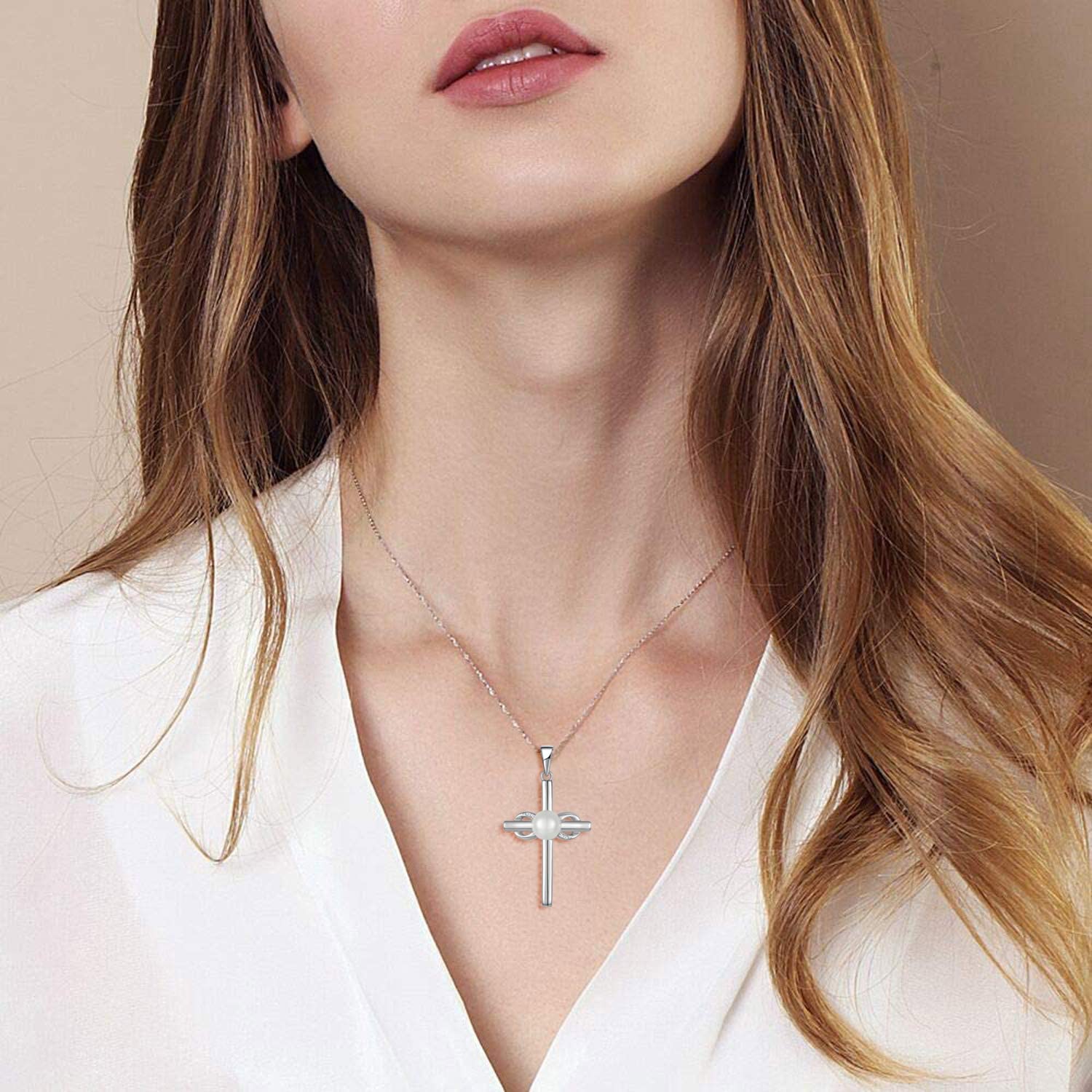 JO WISDOM Women Pearl Necklace,925 Sterling Silver Cubic Zirconia Infinity Cross Crucifix Pearl Pendant Necklace with 7mm Freshwater Cultured Pearl