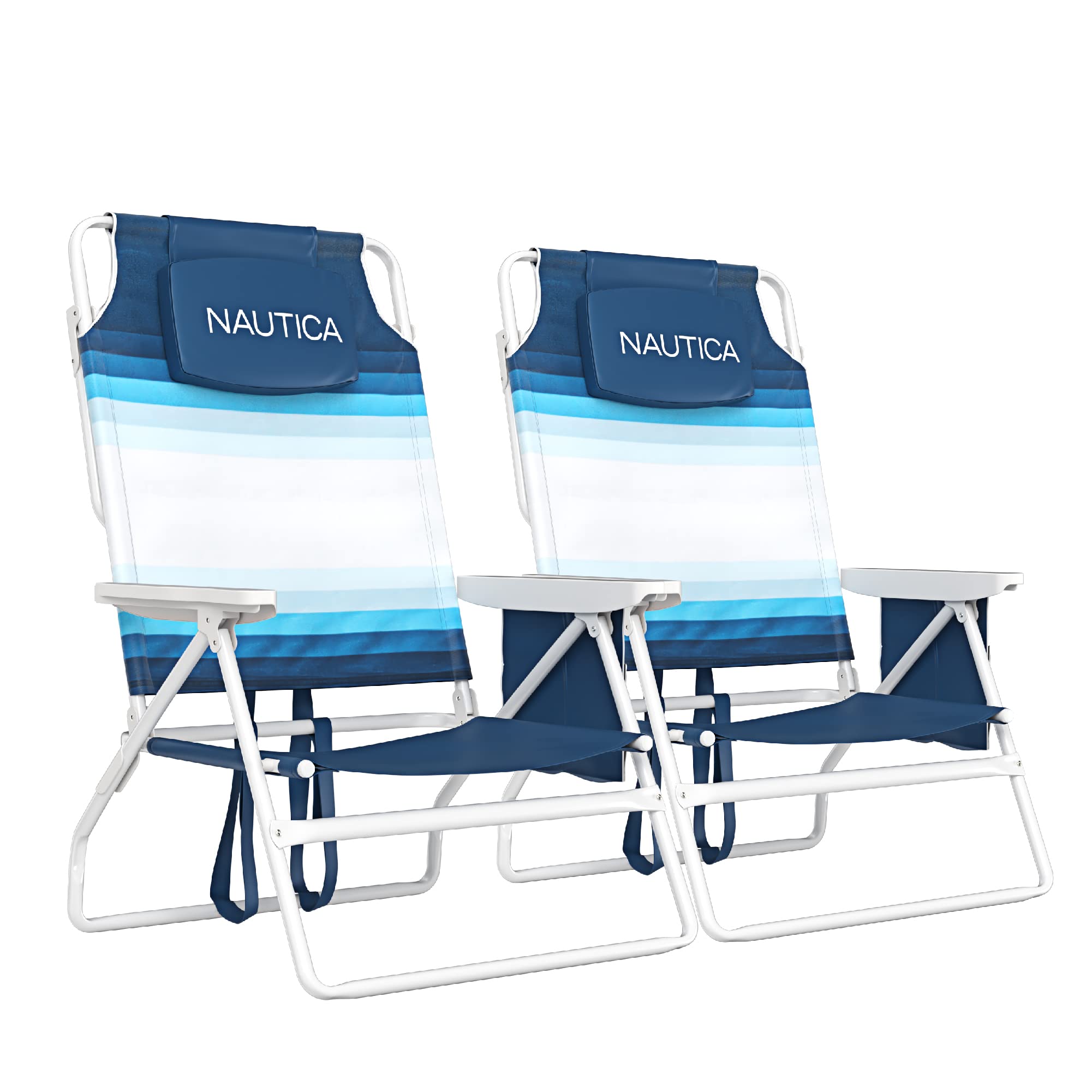 Nautica Beach Chairs for Adults 2 Pack - 5 Position Reclining Beach Chair for Sand, Lightweight, Easy to Carry + Heavy Duty, Best Adjustable & Folding Beach Chairs for Adults with Cup Holder & Pillow