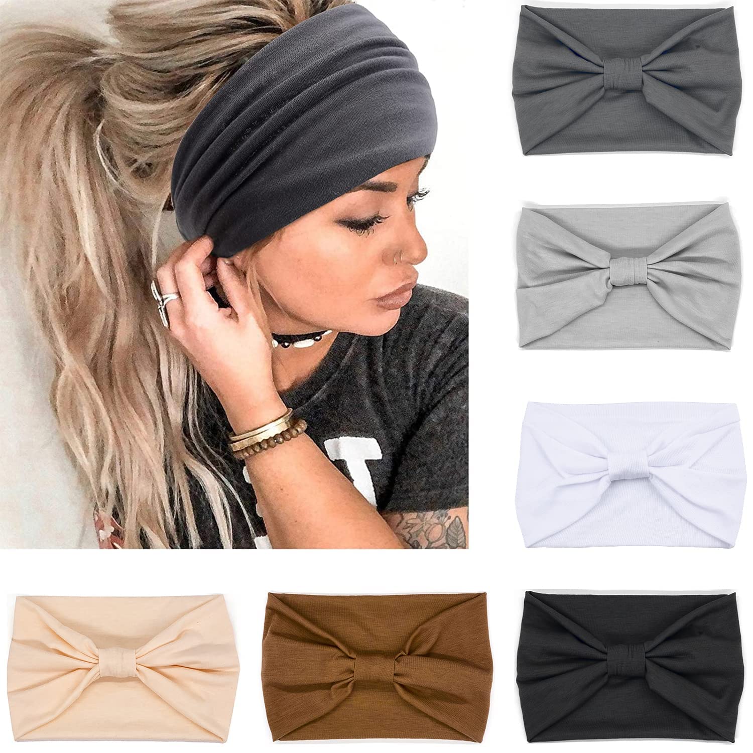 IVARYSS Wide Headbands for Women, Neutral Knotted Head Wraps Turbans, Large African Style Head Bands Hair Accessories, 6 Pack