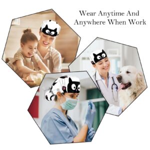 Cartoon Black Cat with Scratch Working Cap with Button & Sweatband, 2 Packs Reusable Surgical Surgery Hats Ponytail Holder, Multi Color