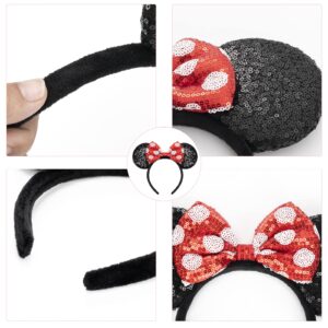 YUNISS 2 PCS Mouse Ears, Shiny Red Sequin Bow Mouse Ears Headbands for Adult Women Girls Christmas Birthday Party (Red&dot bow)