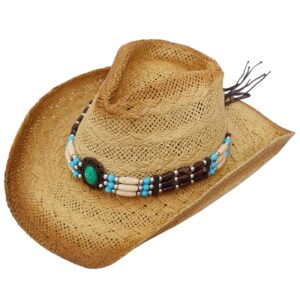 sojourner bags straw cowgirl/ cowboy hat for women & men - cute fun hats for the beach, western wear - designed with turquoise beads band and adjustable band