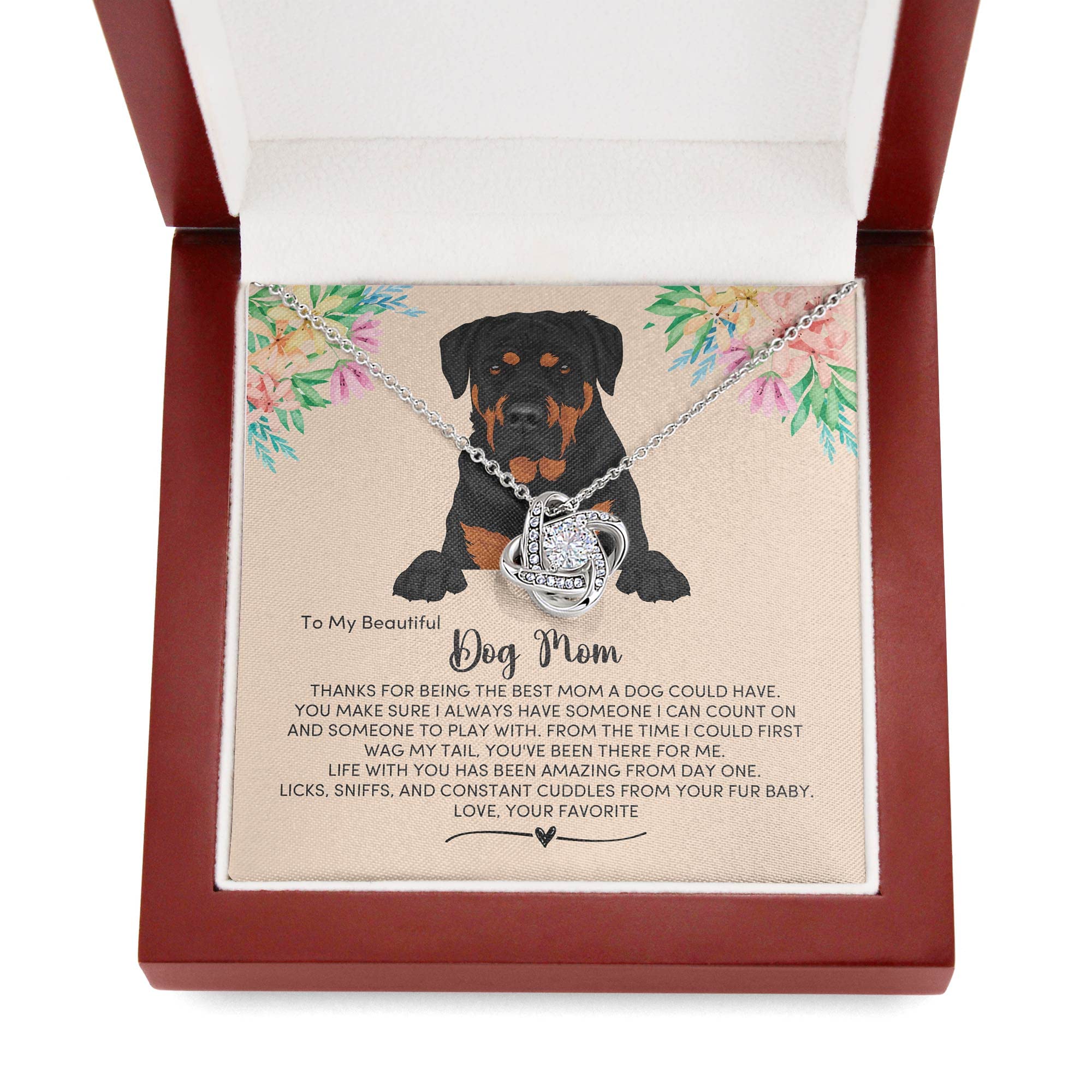 Rottweiler Dog Mom, Necklace for My Rottweiler Fur Mom, Rottweiler Dog Portrait Message Card for my Dog Mum, Dog Mom Jewelry Present Pet Owner Mahogany Style Luxury Box (w/LED) - Love Knot