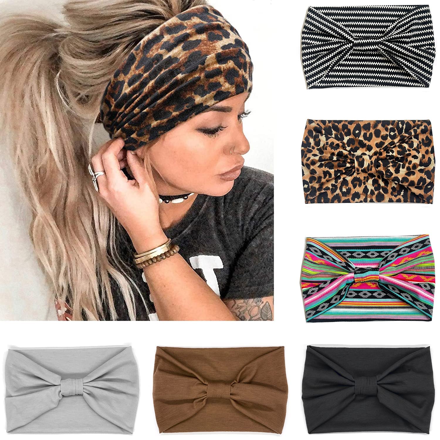 IVARYSS Wide Headbands for Women, Boho Knotted Head Wraps Turbans, Large African Style Head Bands Hair Accessories, 6 Pack