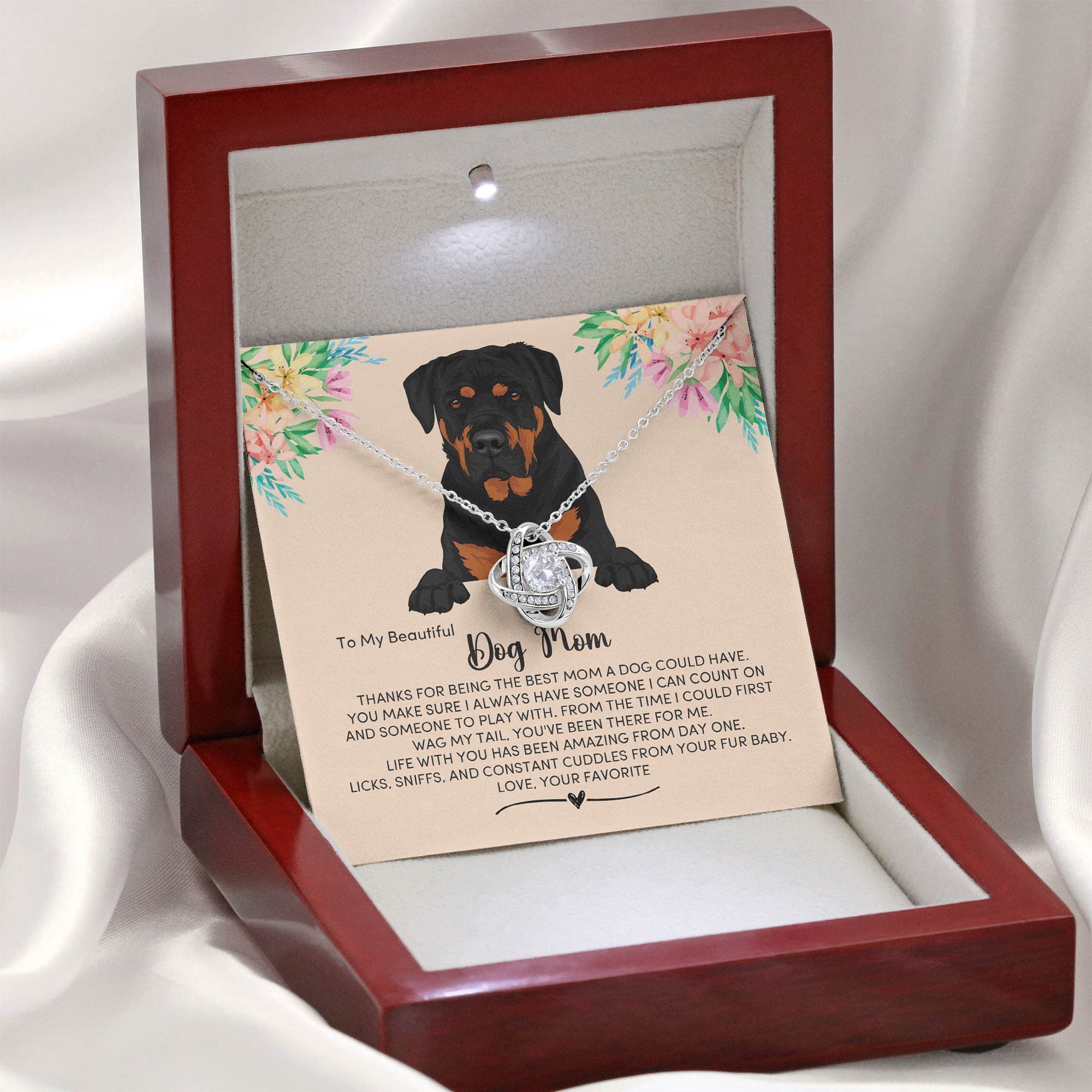 Rottweiler Dog Mom, Necklace for My Rottweiler Fur Mom, Rottweiler Dog Portrait Message Card for my Dog Mum, Dog Mom Jewelry Present Pet Owner Mahogany Style Luxury Box (w/LED) - Love Knot