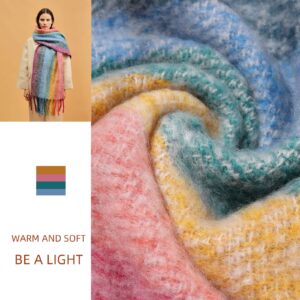 Temminc Women's Super Thick Rainbow Colors Cashmere Feel Warm Scarf, Colorful Soft Comfort Elegant Cold Weather Braided Pigtail tassel Scarf Fashion Long Scarf