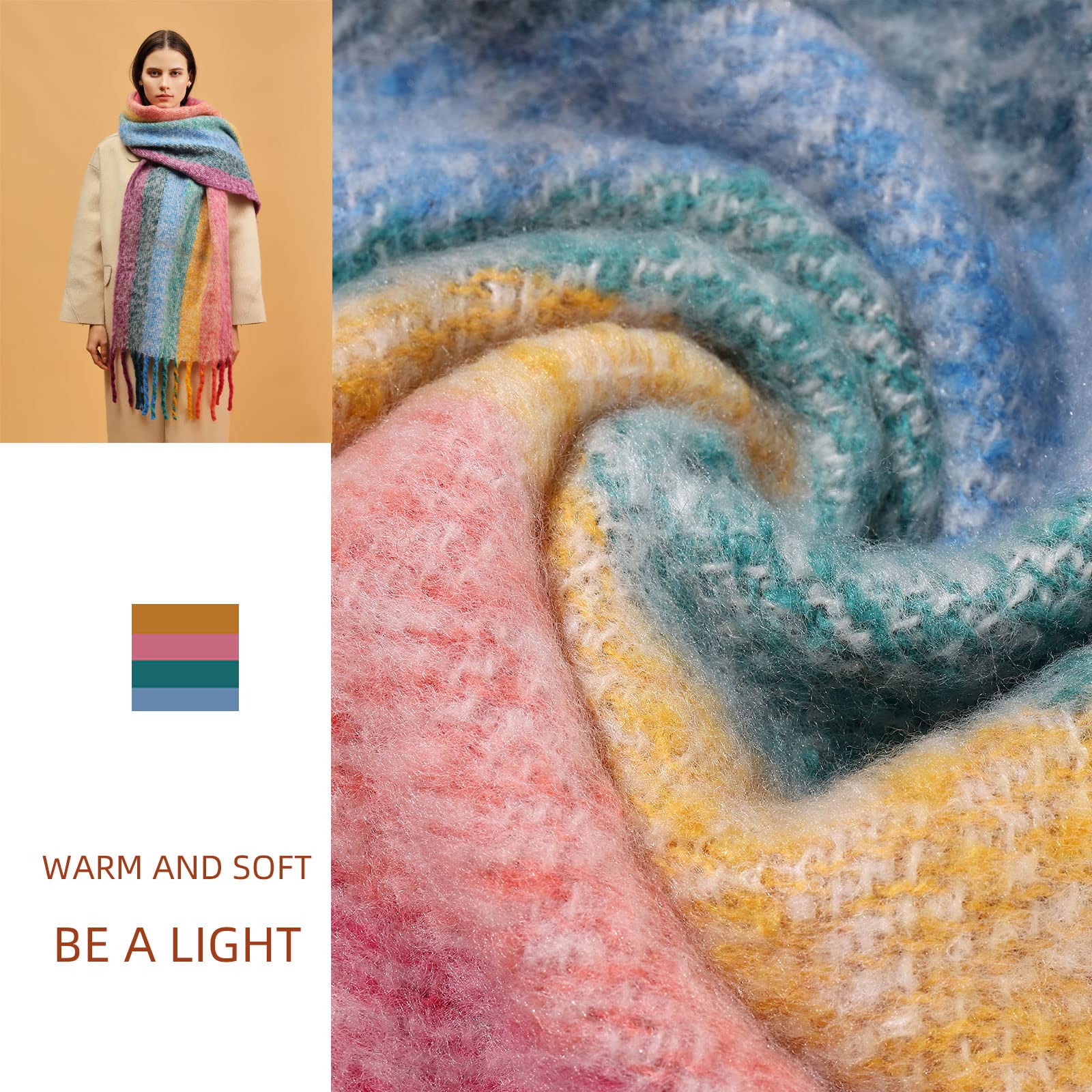 Temminc Women's Super Thick Rainbow Colors Cashmere Feel Warm Scarf, Colorful Soft Comfort Elegant Cold Weather Braided Pigtail tassel Scarf Fashion Long Scarf