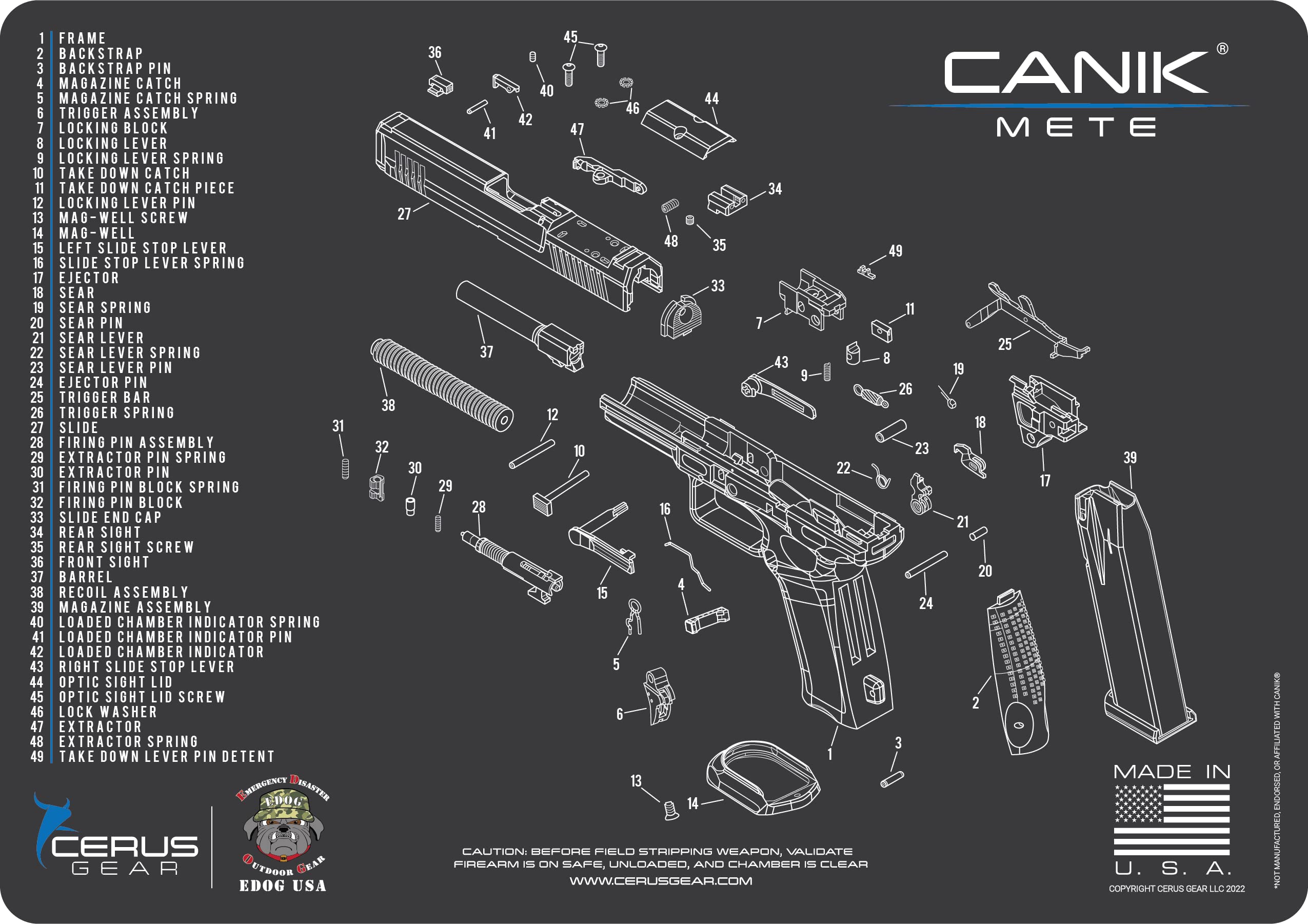 Mete Gun Cleaning Mat - Schematic (Exploded View) Diagram Compatible with Canik Mete Pistol 3 mm Padded Pad Protect Your BLACK