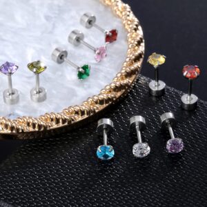 Leocuci Stainless Steel Flat Back Stud Earrings for Women Screw Back Twist Cartilage Earring Surgical Steel Colorful CZ Earrings 20g 4mm