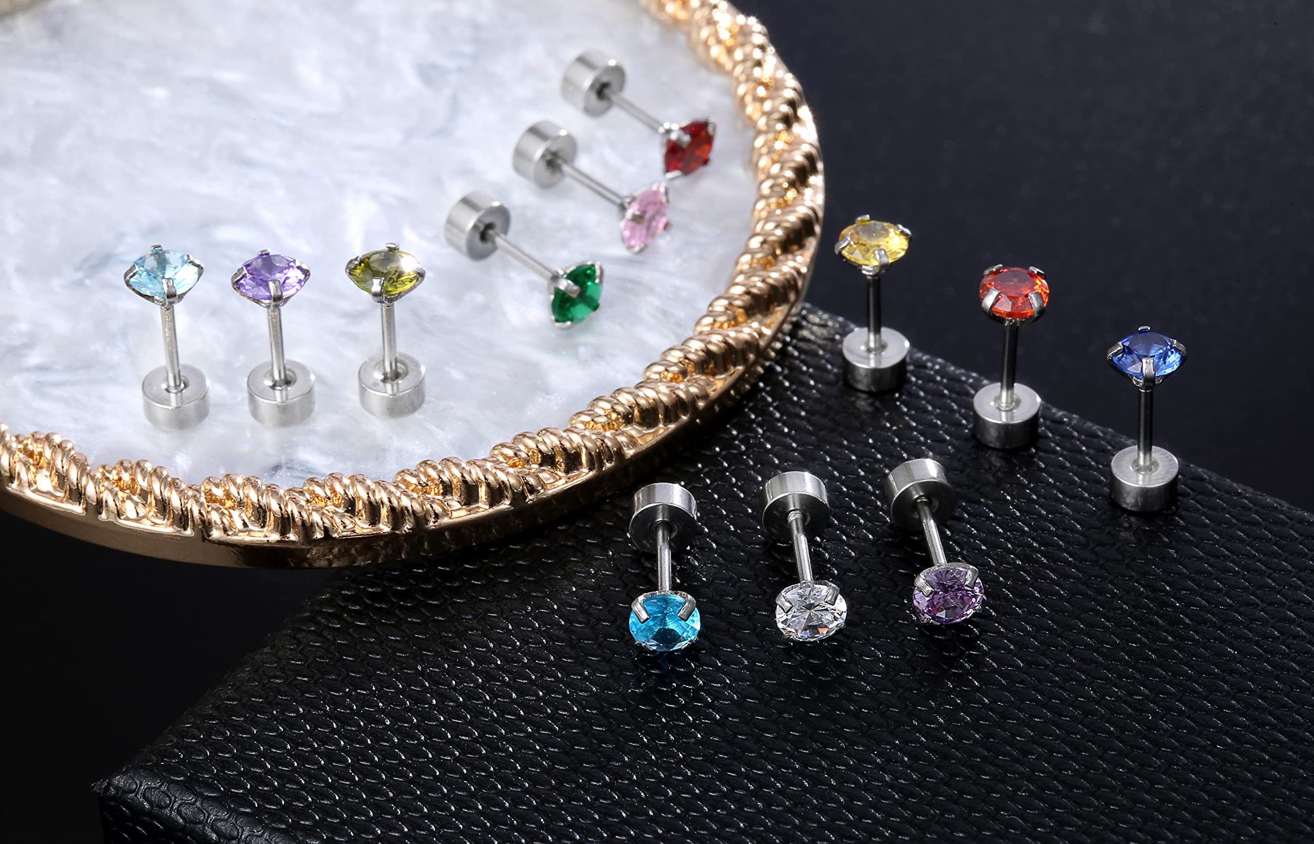 Leocuci Stainless Steel Flat Back Stud Earrings for Women Screw Back Twist Cartilage Earring Surgical Steel Colorful CZ Earrings 20g 4mm