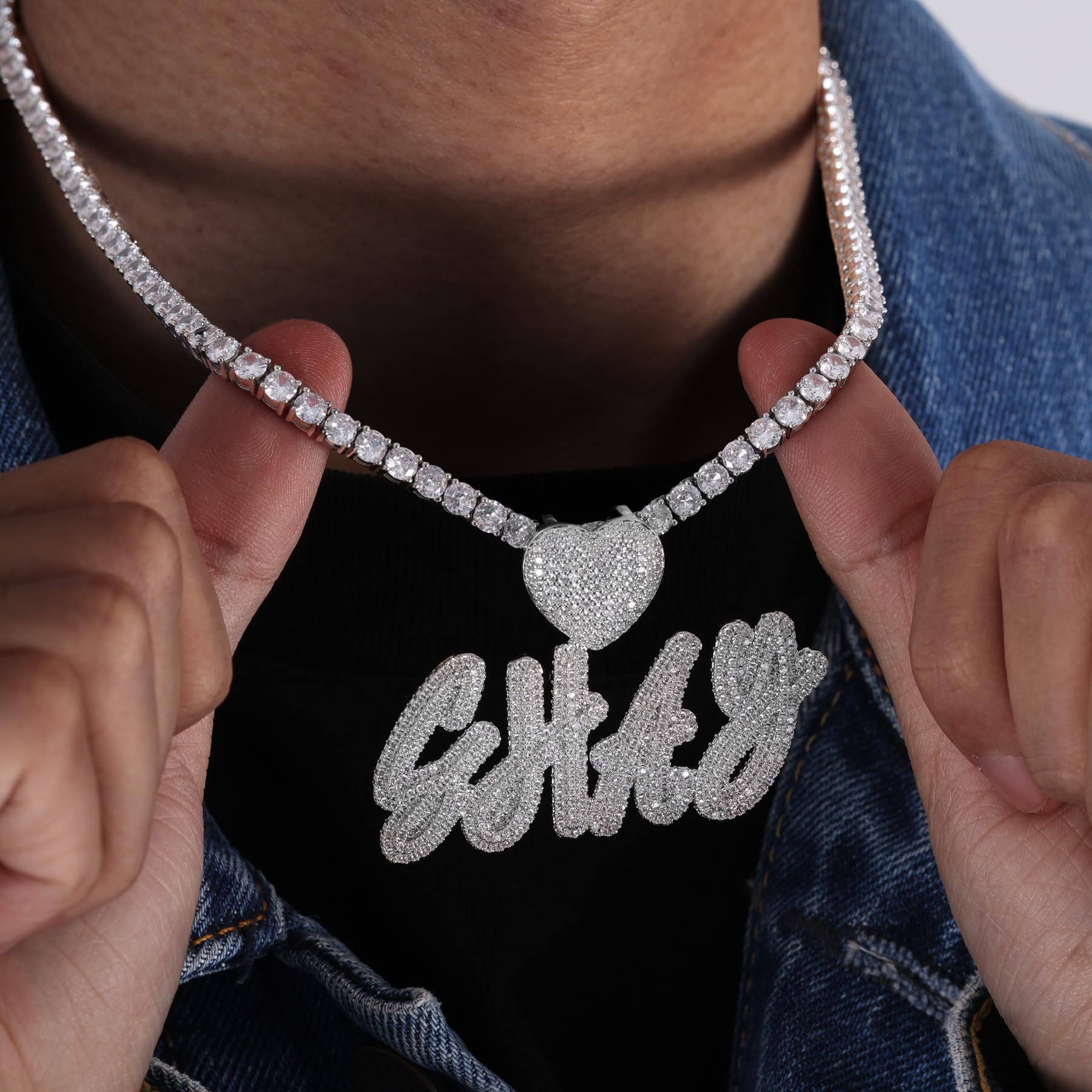 Iced Out Personalized Cursive Name Heart Necklace, Custom Nameplate Pendant Handmade with Cuban Link Chain, Hip Hop Initial Letter Diamond Jewelry Gifts Gold and Silver Color Plated for Man and Woman (Silver/Heart Hook)