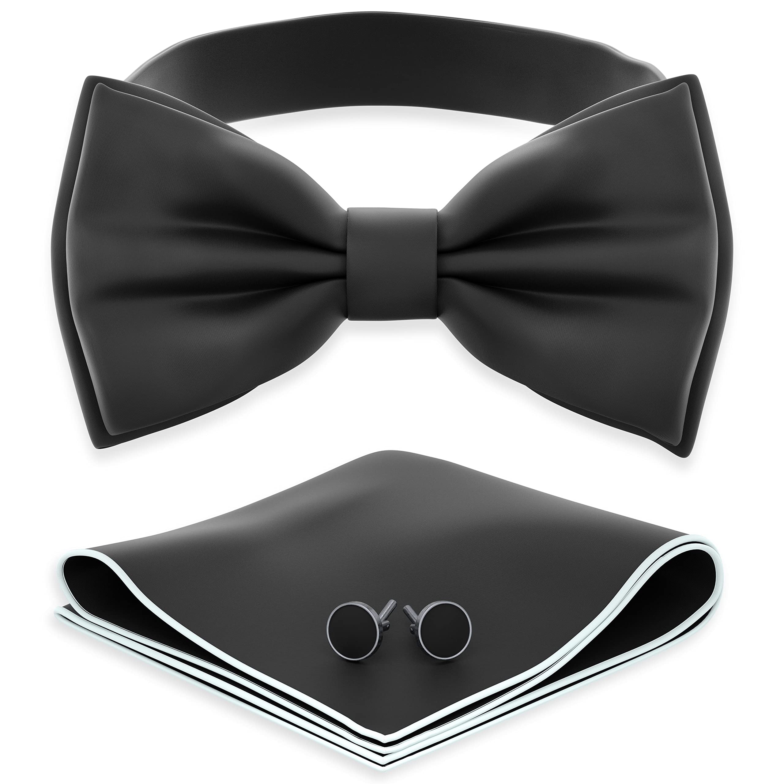 Adam Young Men's Bow Ties with Handkerchief & Cufflinks Pre-Tied Style Formal Satin Classic Bowtie for Tuxedo Faux Silk