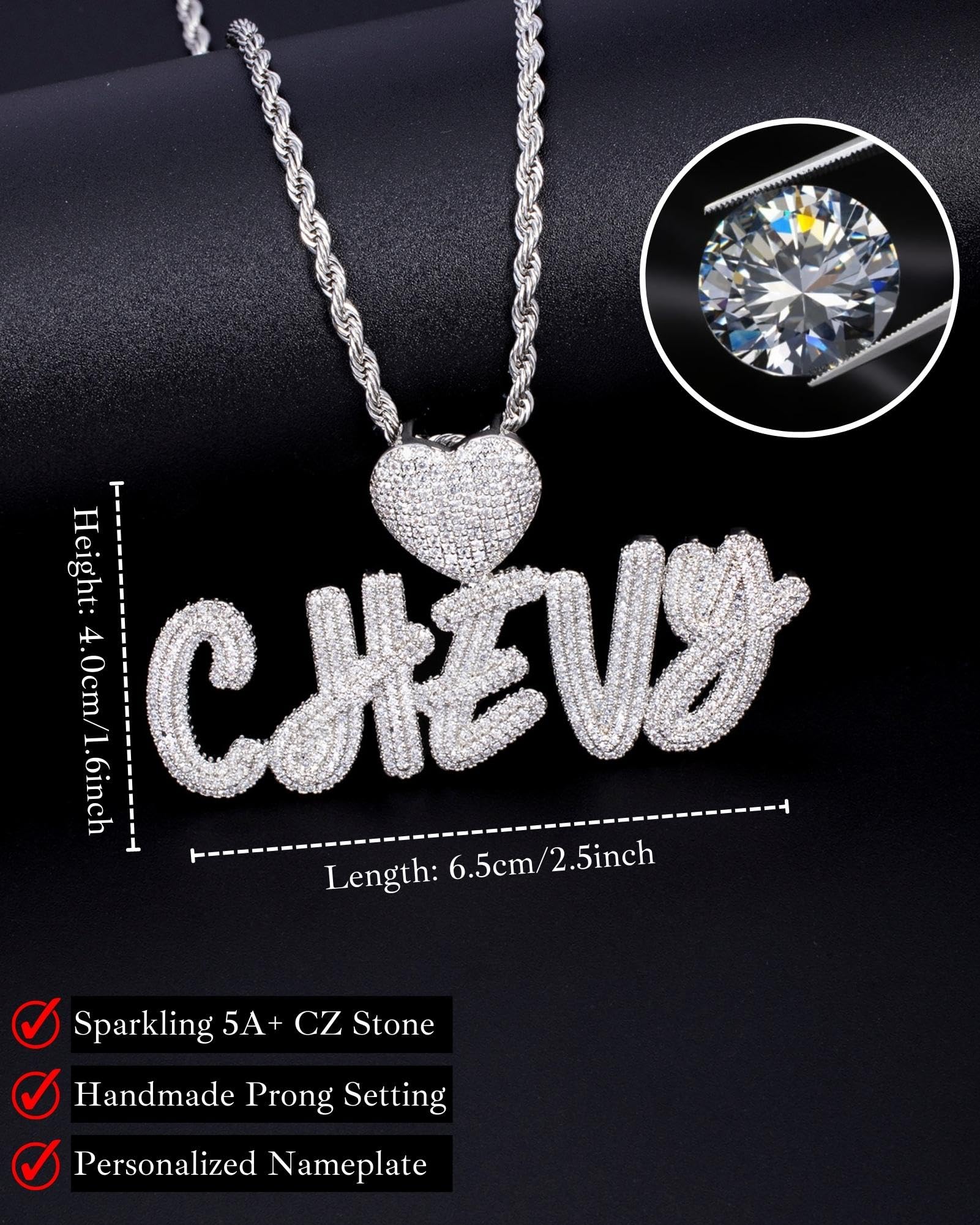 Iced Out Personalized Cursive Name Heart Necklace, Custom Nameplate Pendant Handmade with Cuban Link Chain, Hip Hop Initial Letter Diamond Jewelry Gifts Gold and Silver Color Plated for Man and Woman (Silver/Heart Hook)